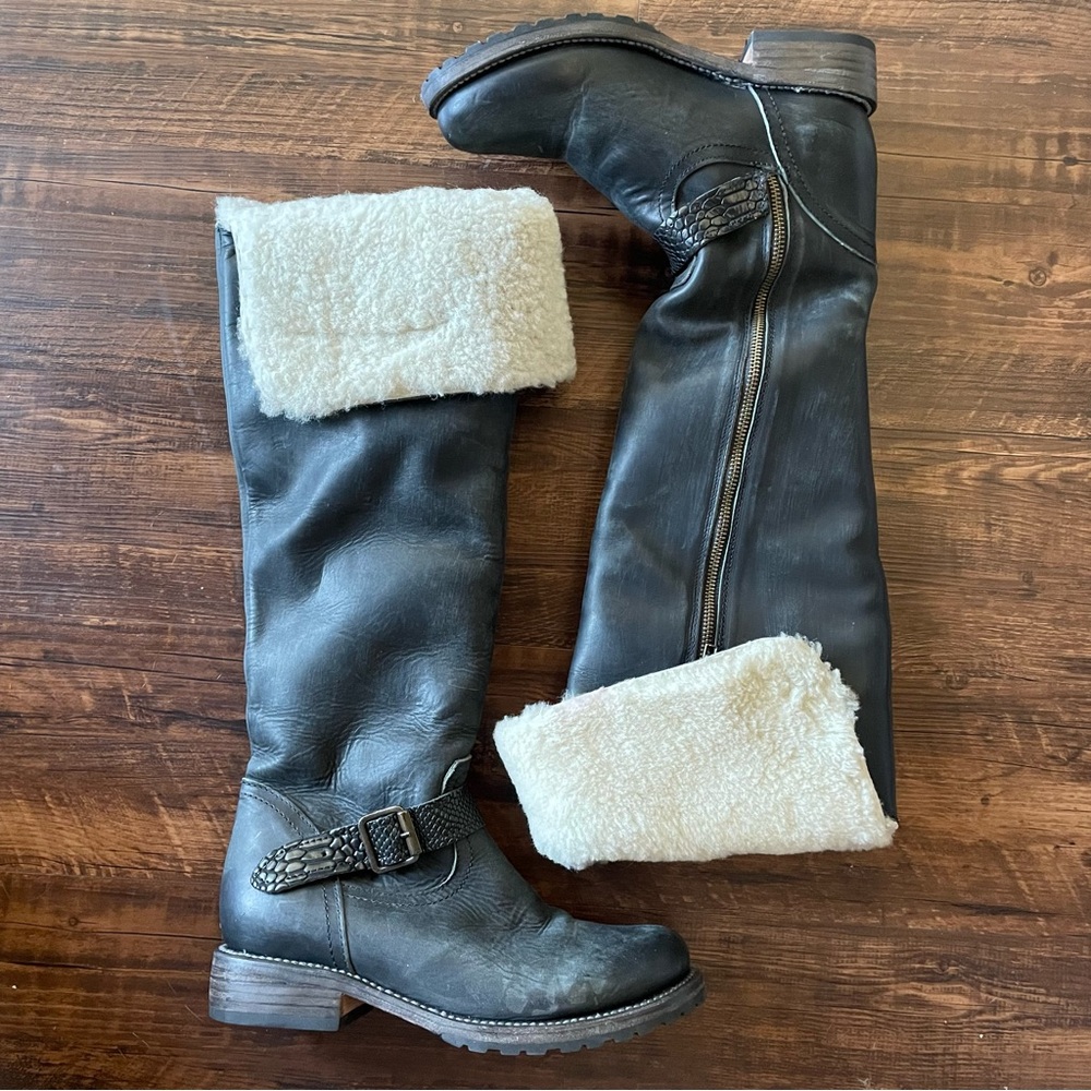 FREEBIRD Steven Denmark Sheep Fur Lined Boots Tall Black Leather Cozy Size 8